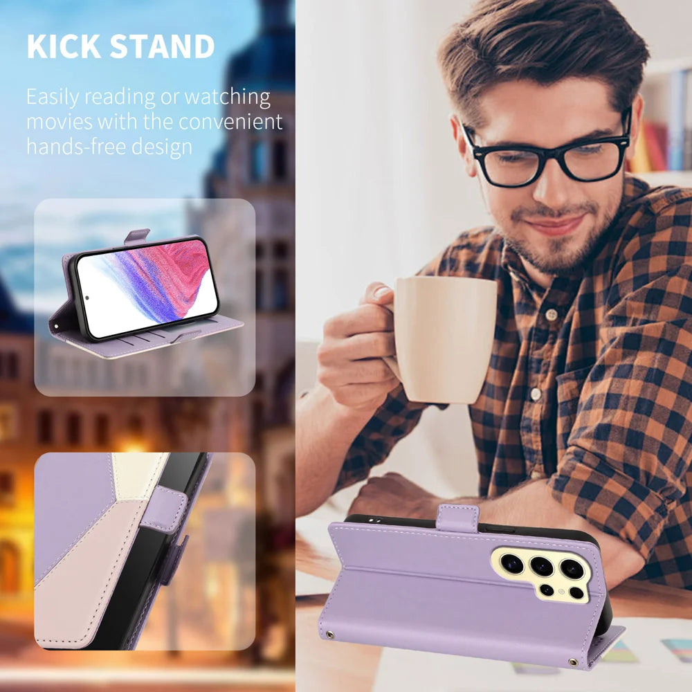 For Samsung Galaxy S24 Ultra Case Color Stitching RFID Blocking Wallet Flip Leather Phone Cover with Wrist Strap - Light Purple - 2