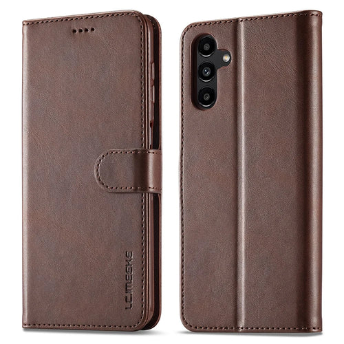 LC.IMEEKE For Samsung Galaxy A54 5G Drop-proof Calf Texture Phone Case Foldable Stand Magnetic Clasp PU Leather Cell Phone Flip Wallet Cover - Brown - 1