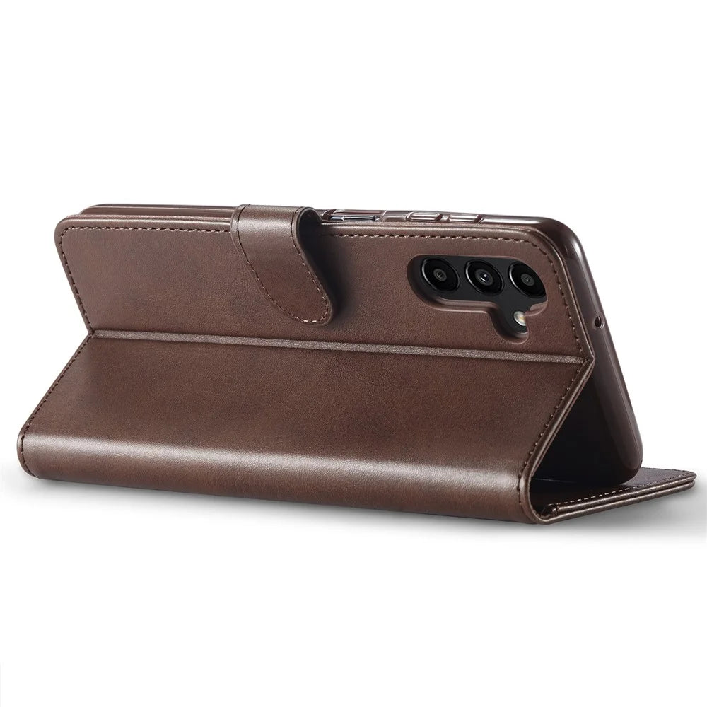 LC.IMEEKE For Samsung Galaxy A54 5G Drop-proof Calf Texture Phone Case Foldable Stand Magnetic Clasp PU Leather Cell Phone Flip Wallet Cover - Brown - 4