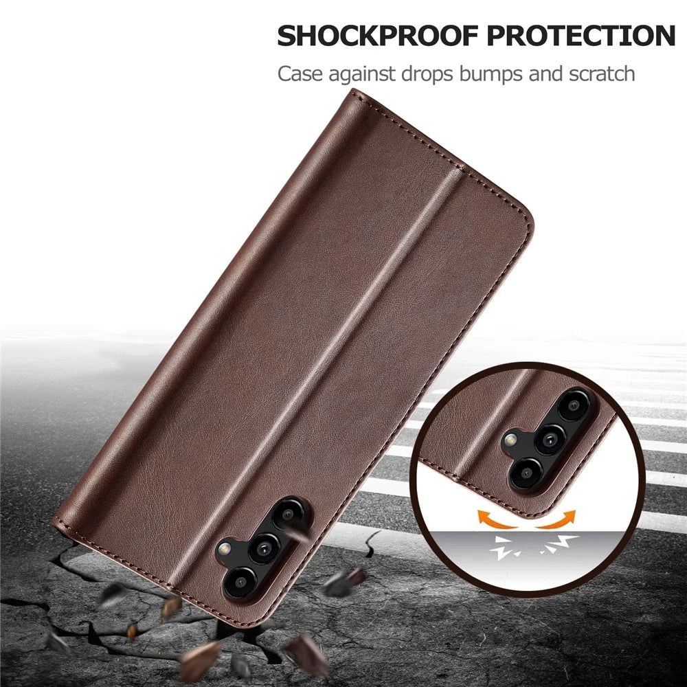 LC.IMEEKE For Samsung Galaxy A54 5G Drop-proof Calf Texture Phone Case Foldable Stand Magnetic Clasp PU Leather Cell Phone Flip Wallet Cover - Brown - 5