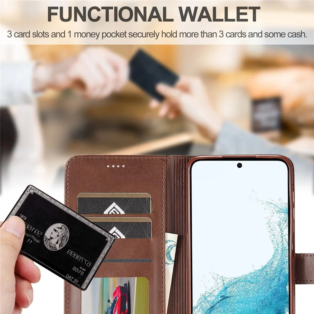 LC.IMEEKE For Samsung Galaxy A54 5G Drop-proof Calf Texture Phone Case Foldable Stand Magnetic Clasp PU Leather Cell Phone Flip Wallet Cover - Brown - 6