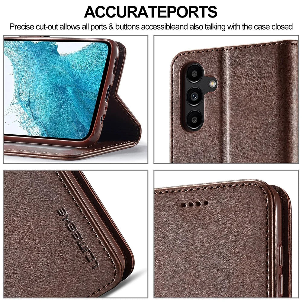 LC.IMEEKE For Samsung Galaxy A54 5G Drop-proof Calf Texture Phone Case Foldable Stand Magnetic Clasp PU Leather Cell Phone Flip Wallet Cover - Brown - 7