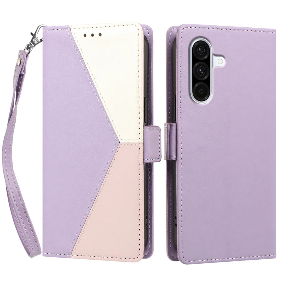 For Samsung Galaxy A57 5G Case Color Stitching RFID Blocking Wallet Flip Leather Phone Cover with Wrist Strap - Light Purple - 1