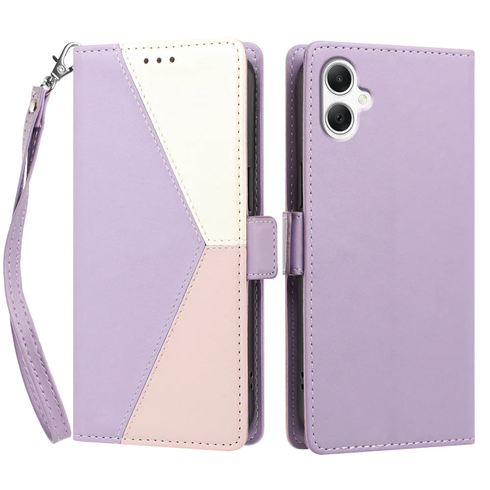 For Samsung Galaxy A08 4G / Galaxy A07 4G / Galaxy A07 5G / Galaxy A06 4G / Galaxy A06 5G / Galaxy F07 4G / Galaxy M07 4G / Galaxy M17e 5G / Galaxy F70e 5G / Galaxy A08 5G Case Color Stitching RFID Blocking Wallet Flip Leather Phone Cover with Wrist - 1