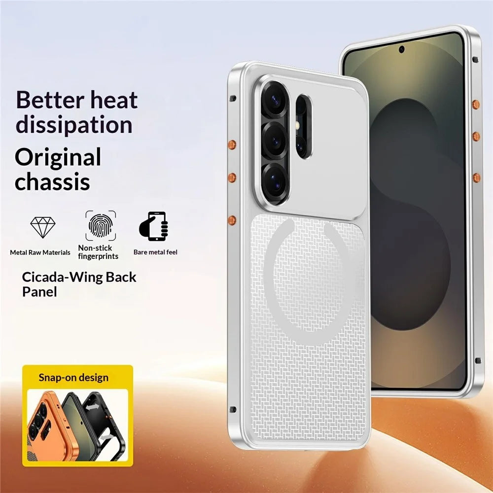 For Samsung Galaxy S23 Ultra Metal Frame Case Magnetic Snap On Frame PC Hollow Back Heat Dissipation Shockproof Cover - Titanium Silver - 2