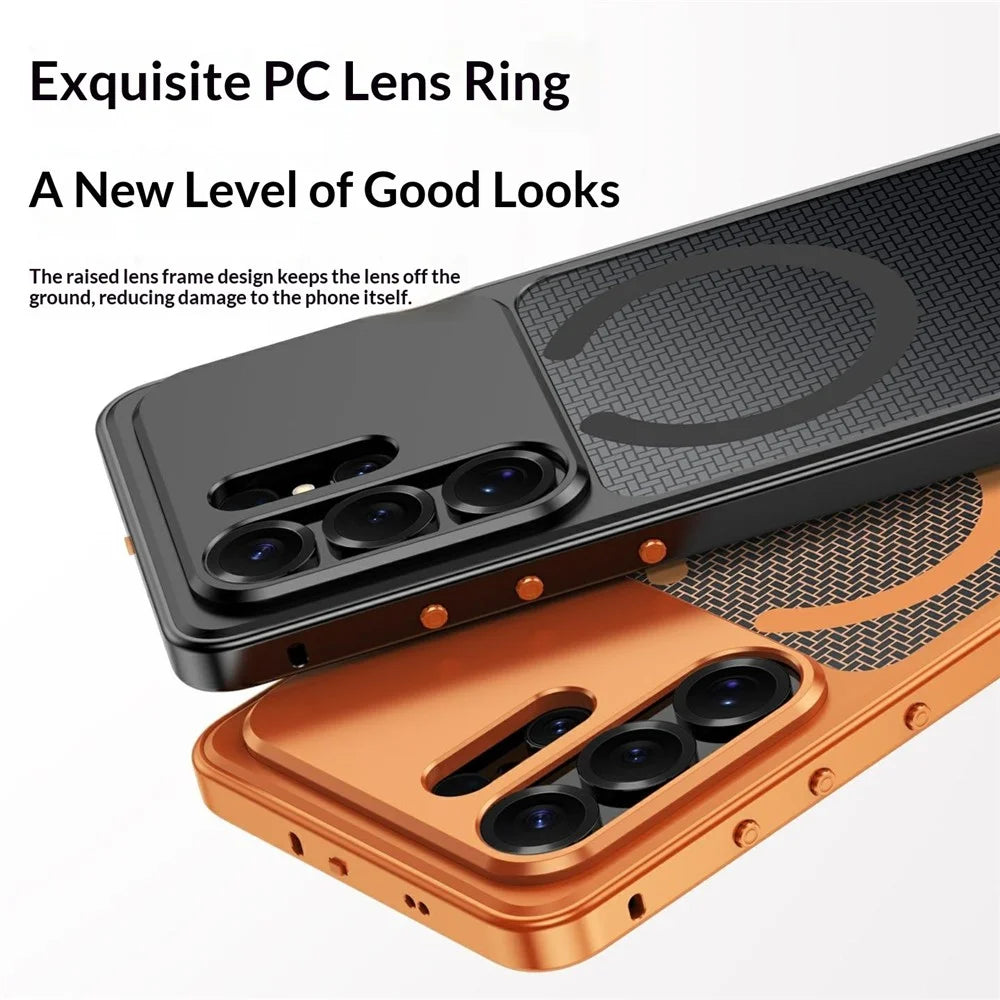 For Samsung Galaxy S23 Ultra Metal Frame Case Magnetic Snap On Frame PC Hollow Back Heat Dissipation Shockproof Cover - Titanium Silver - 5