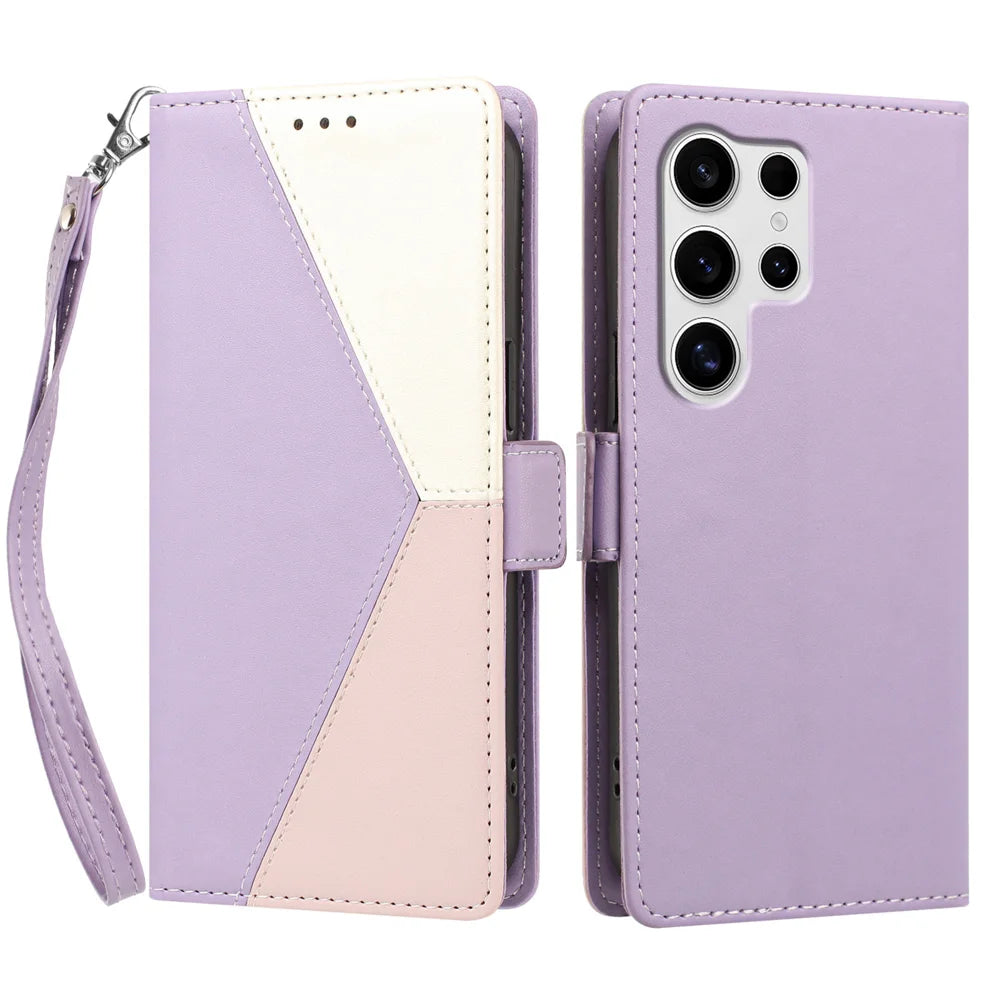 For Samsung Galaxy S25 Ultra Case Color Stitching RFID Blocking Wallet Flip Leather Phone Cover with Wrist Strap - Light Purple - 1