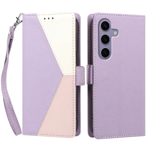 For Samsung Galaxy S24 FE Case Color Stitching RFID Blocking Wallet Flip Leather Phone Cover with Wrist Strap - Light Purple - 1