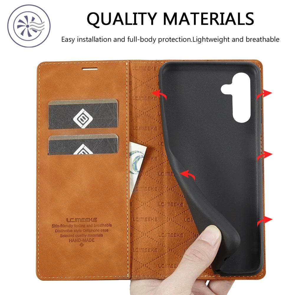 LC.IMEEKE Cell Phone Cover For Samsung Galaxy A54 5G, PU Leather Stand Flip Folio Wallet Case Magnetic Absorption Phone Shell - Brown - 6