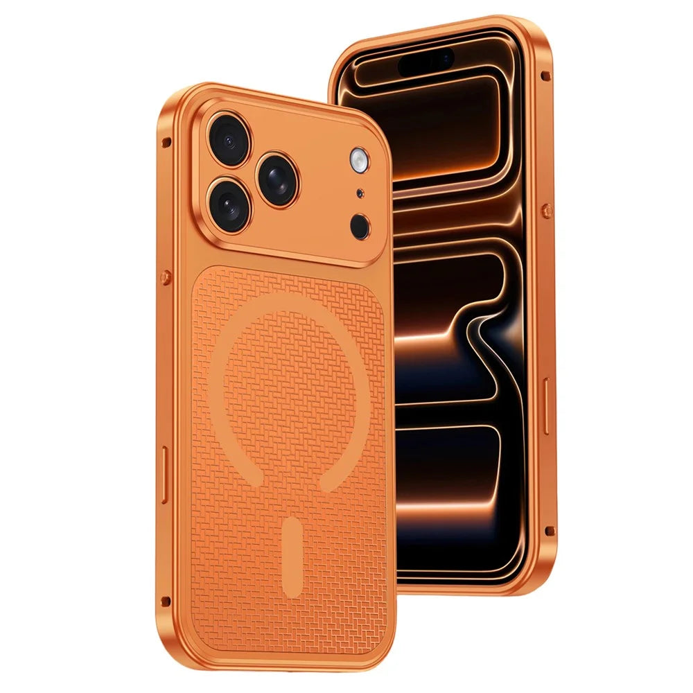 For iPhone 17 Pro Magnetic Case Heat Dissipation Snap-On Metal + PC Phone Cover - Titanium Orange - 1