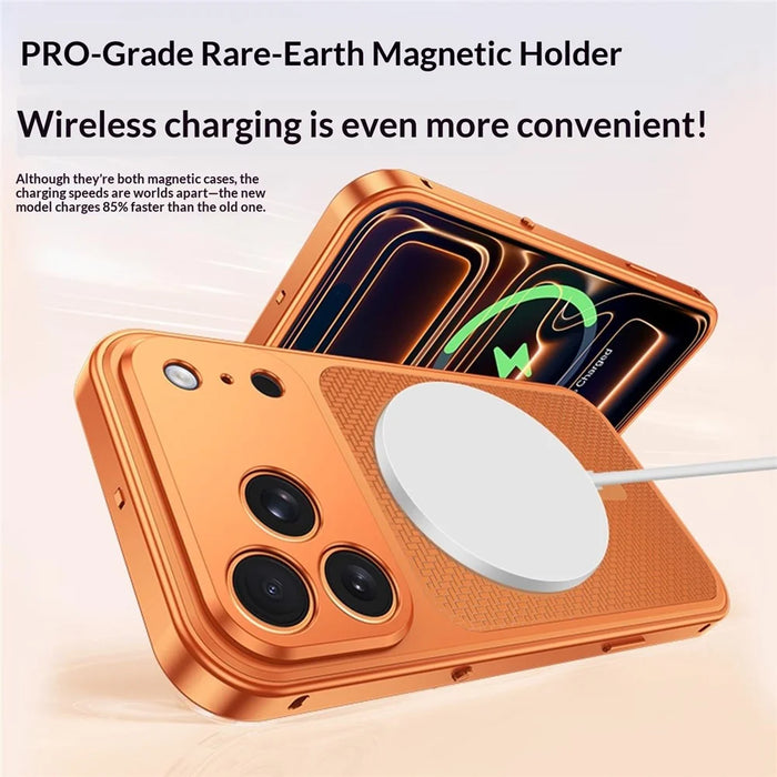 For iPhone 17 Pro Magnetic Case Heat Dissipation Snap-On Metal + PC Phone Cover - Titanium Orange - 3