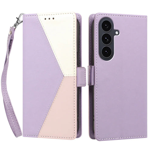 For Samsung Galaxy S25 FE Case Color Stitching RFID Blocking Wallet Flip Leather Phone Cover with Wrist Strap - Light Purple - 1