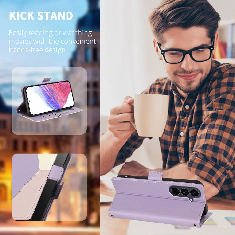 For Samsung Galaxy S25 FE Case Color Stitching RFID Blocking Wallet Flip Leather Phone Cover with Wrist Strap - Light Purple - 2