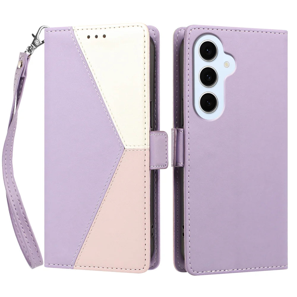 For Samsung Galaxy S26 FE Case Color Stitching RFID Blocking Wallet Flip Leather Phone Cover with Wrist Strap - Light Purple - 1