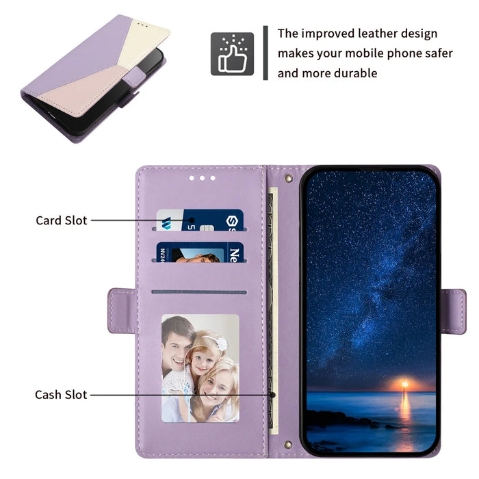 For Samsung Galaxy S26 FE Case Color Stitching RFID Blocking Wallet Flip Leather Phone Cover with Wrist Strap - Light Purple - 6