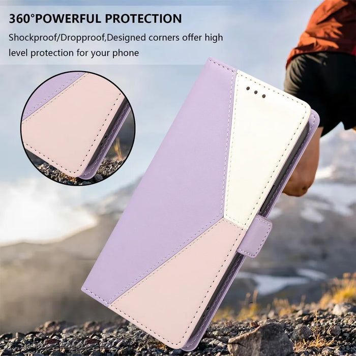 For Samsung Galaxy S26 Case Color Stitching RFID Blocking Wallet Flip Leather Phone Cover with Wrist Strap - Light Purple - 5