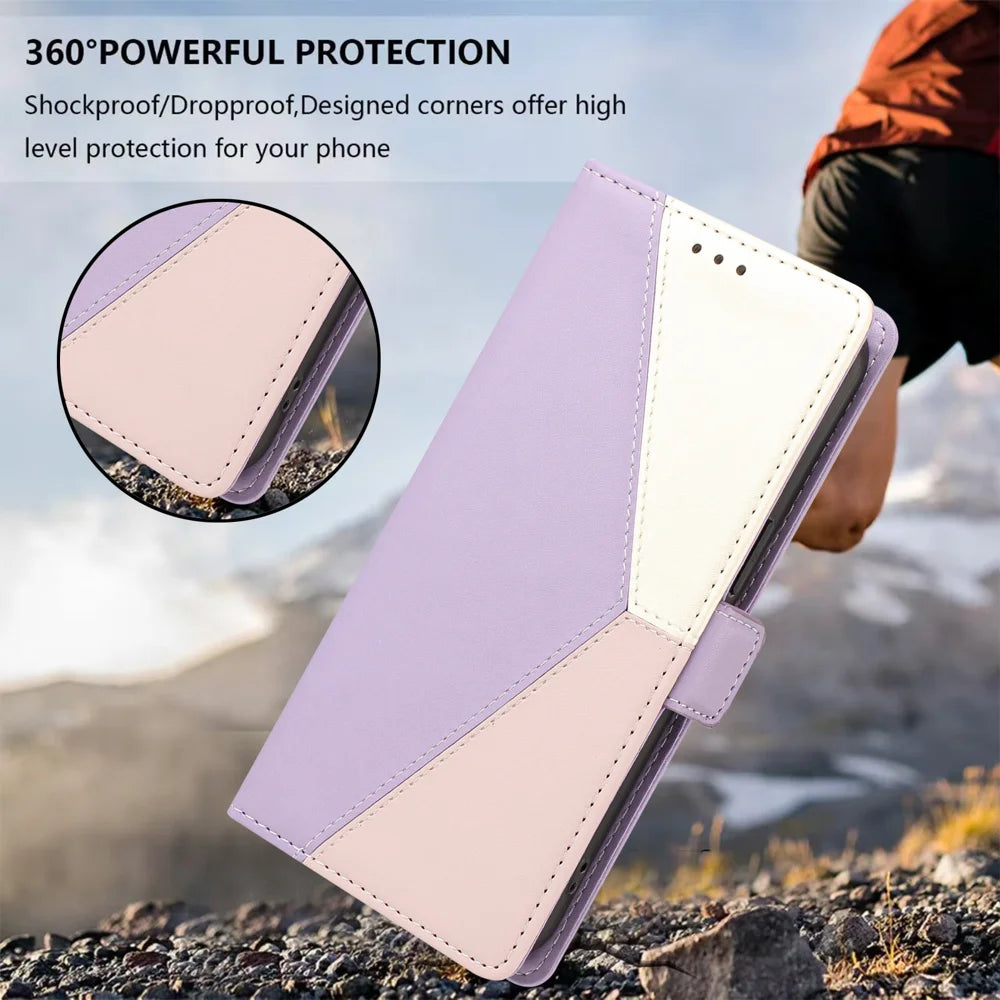 For Samsung Galaxy A35 5G Case Color Stitching RFID Blocking Wallet Flip Leather Phone Cover with Wrist Strap - Light Purple - 5