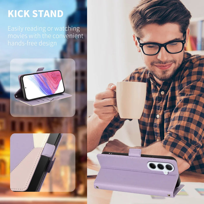 For Samsung Galaxy A16 4G / Galaxy A16 5G Case Color Stitching RFID Blocking Wallet Flip Leather Phone Cover with Wrist Strap - Light Purple - 2
