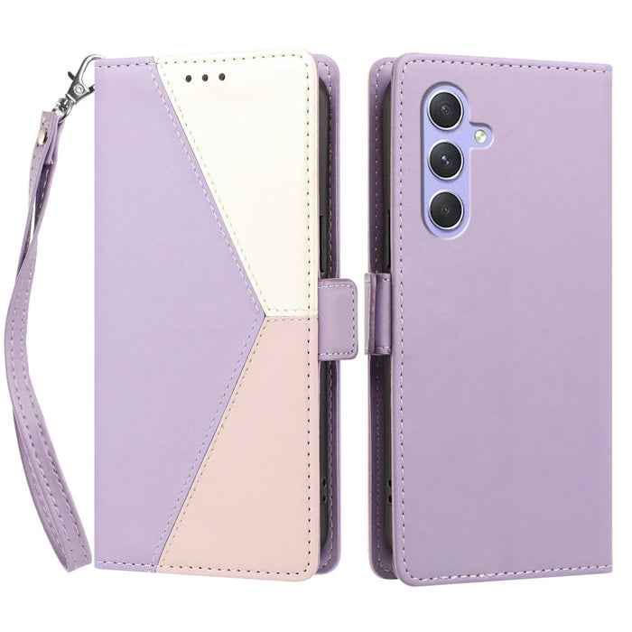For Samsung Galaxy A55 5G Case Color Stitching RFID Blocking Wallet Flip Leather Phone Cover with Wrist Strap - Light Purple - 1