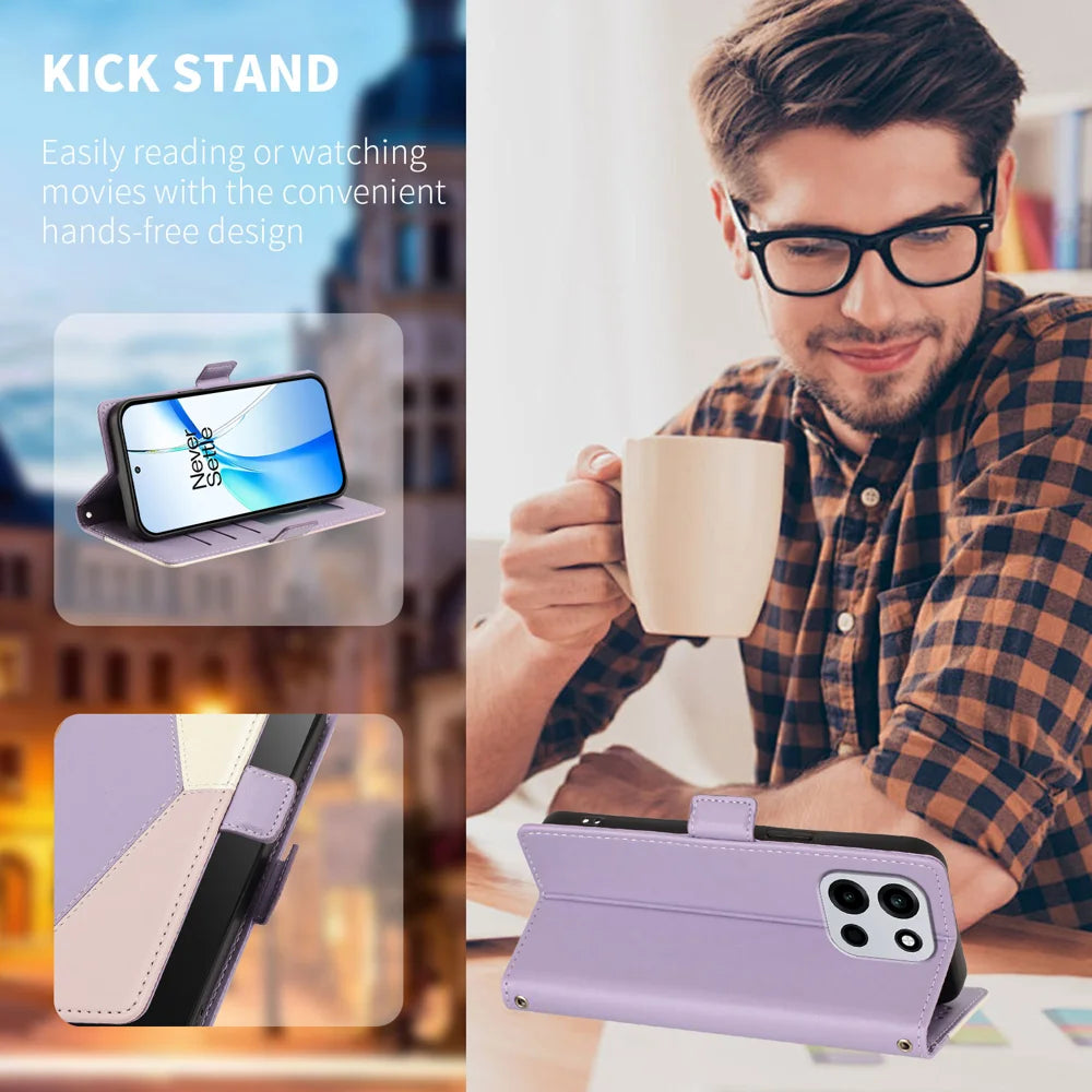 For OnePlus Nord CE6 5G / OnePlus Turbo 6V 5G / OnePlus Turbo 6 5G / OnePlus Nord 6 5G Case Color Stitching RFID Blocking Wallet Flip Leather Phone Cover with Wrist Strap - Light Purple - 2