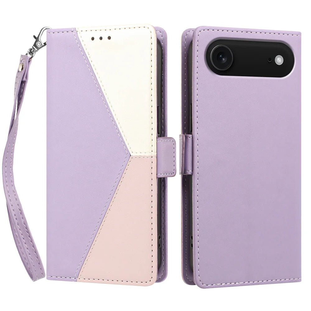 For iPhone Air Case Color Stitching RFID Blocking Wallet Flip Leather Phone Cover with Wrist Strap - Light Purple - 1