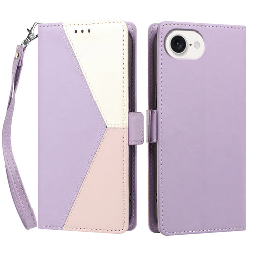 For iPhone 16e / iPhone 17e Case Color Stitching RFID Blocking Wallet Flip Leather Phone Cover with Wrist Strap - Light Purple - 1