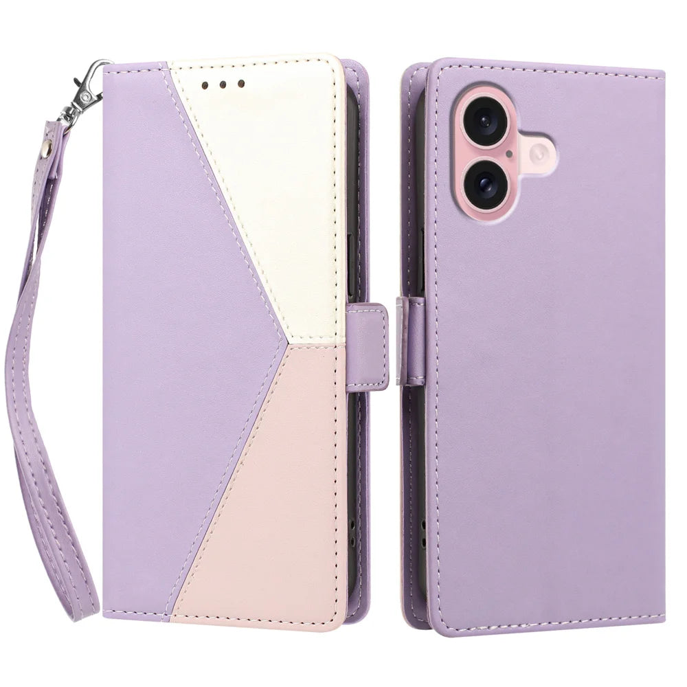 For iPhone 16 Plus Case Color Stitching RFID Blocking Wallet Flip Leather Phone Cover with Wrist Strap - Light Purple - 1