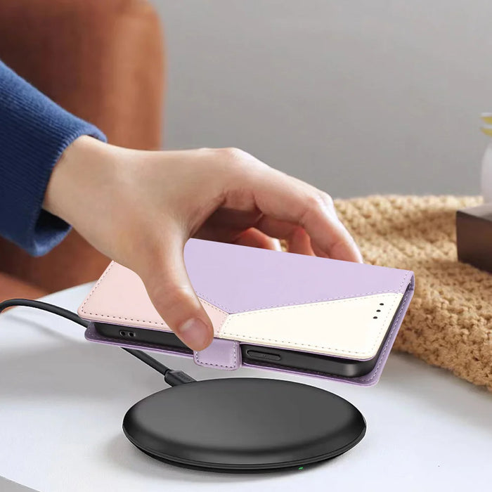 For iPhone 16 Plus Case Color Stitching RFID Blocking Wallet Flip Leather Phone Cover with Wrist Strap - Light Purple - 3