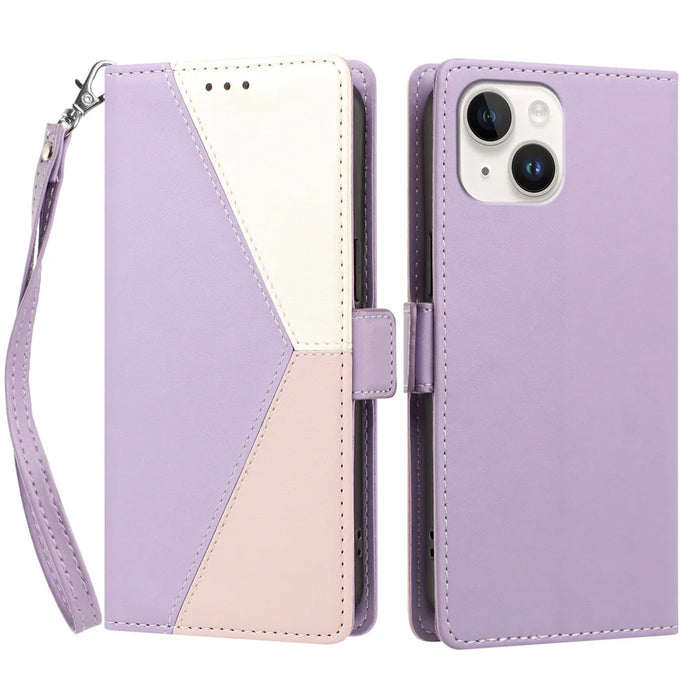 For iPhone 15 Case Color Stitching RFID Blocking Wallet Flip Leather Phone Cover with Wrist Strap - Light Purple - 1