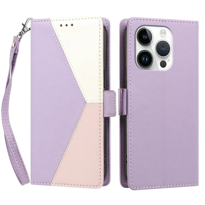 For iPhone 15 Pro Case Color Stitching RFID Blocking Wallet Flip Leather Phone Cover with Wrist Strap - Light Purple - 1