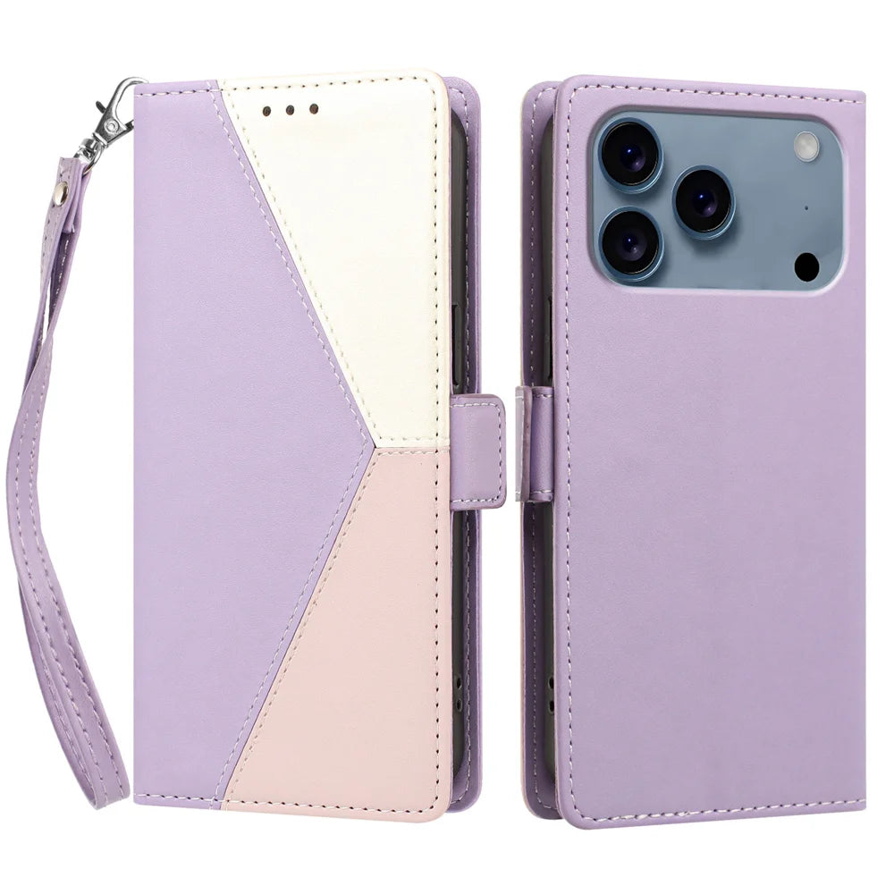 For iPhone 18 Pro Max / iPhone 17 Pro Max Case Color Stitching RFID Blocking Wallet Flip Leather Phone Cover with Wrist Strap - Light Purple - 1