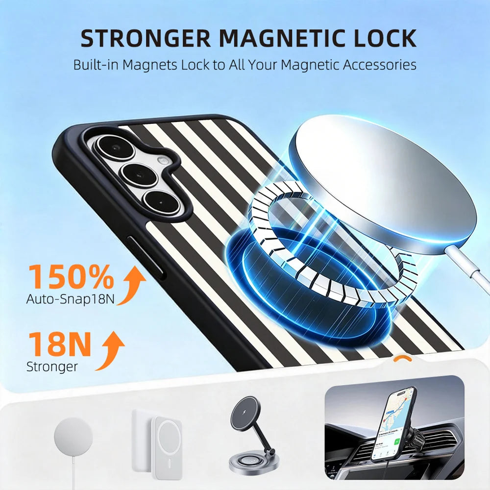 EYCASE for Samsung Galaxy S25 Ultra Striped Series Magnetic Case TPU + Acrylic Phone Cover - Black / White Stripes - 5
