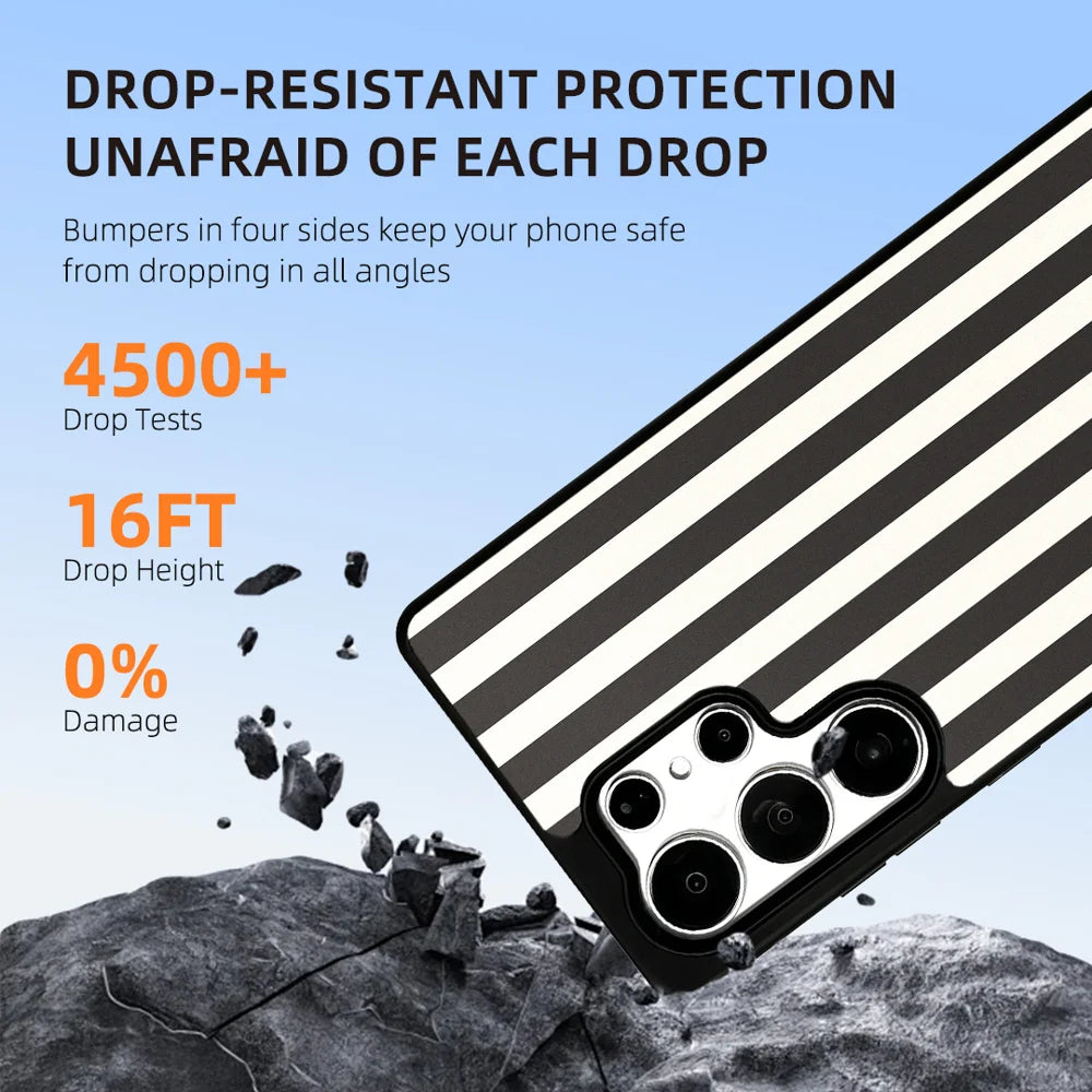 EYCASE for Samsung Galaxy S25 Ultra Striped Series Magnetic Case TPU + Acrylic Phone Cover - Black / White Stripes - 6