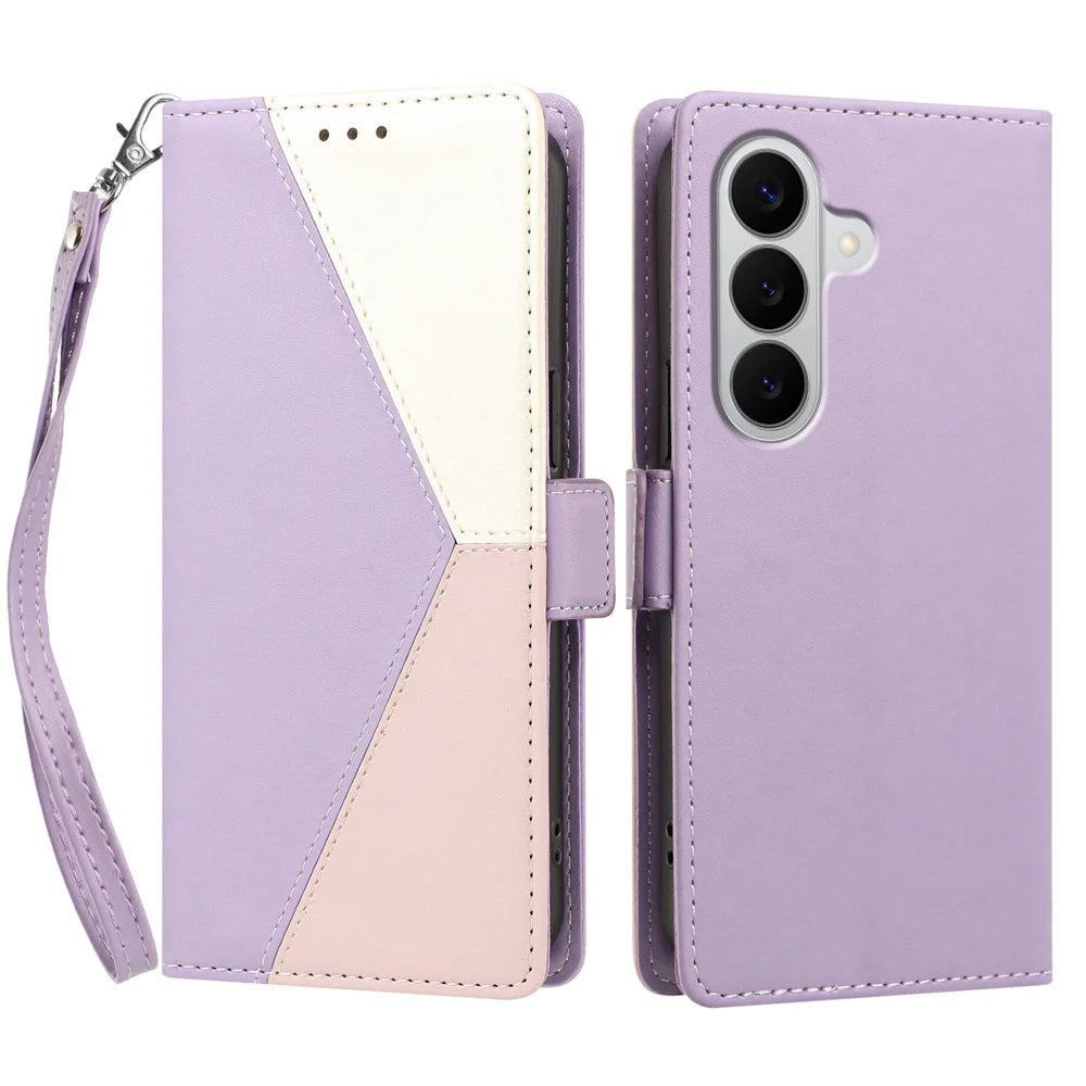 For Samsung Galaxy A27 5G Case Color Stitching RFID Blocking Wallet Flip Leather Phone Cover with Wrist Strap - Light Purple - 1