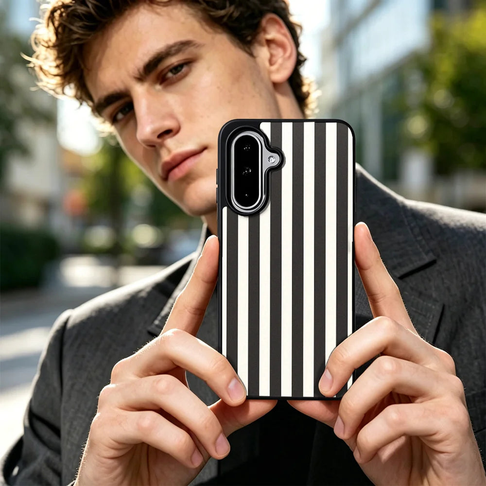 EYCASE for Samsung Galaxy A57 5G Striped Series Magnetic Case TPU + Acrylic Phone Cover - Black / White Stripes - 7