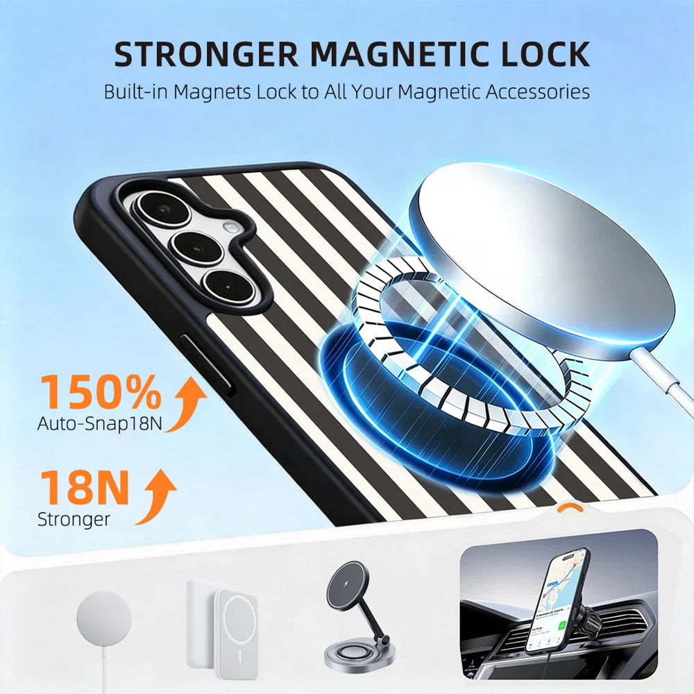 EYCASE for Samsung Galaxy S26 Striped Series Magnetic Case TPU + Acrylic Phone Cover - Black / White Stripes - 5