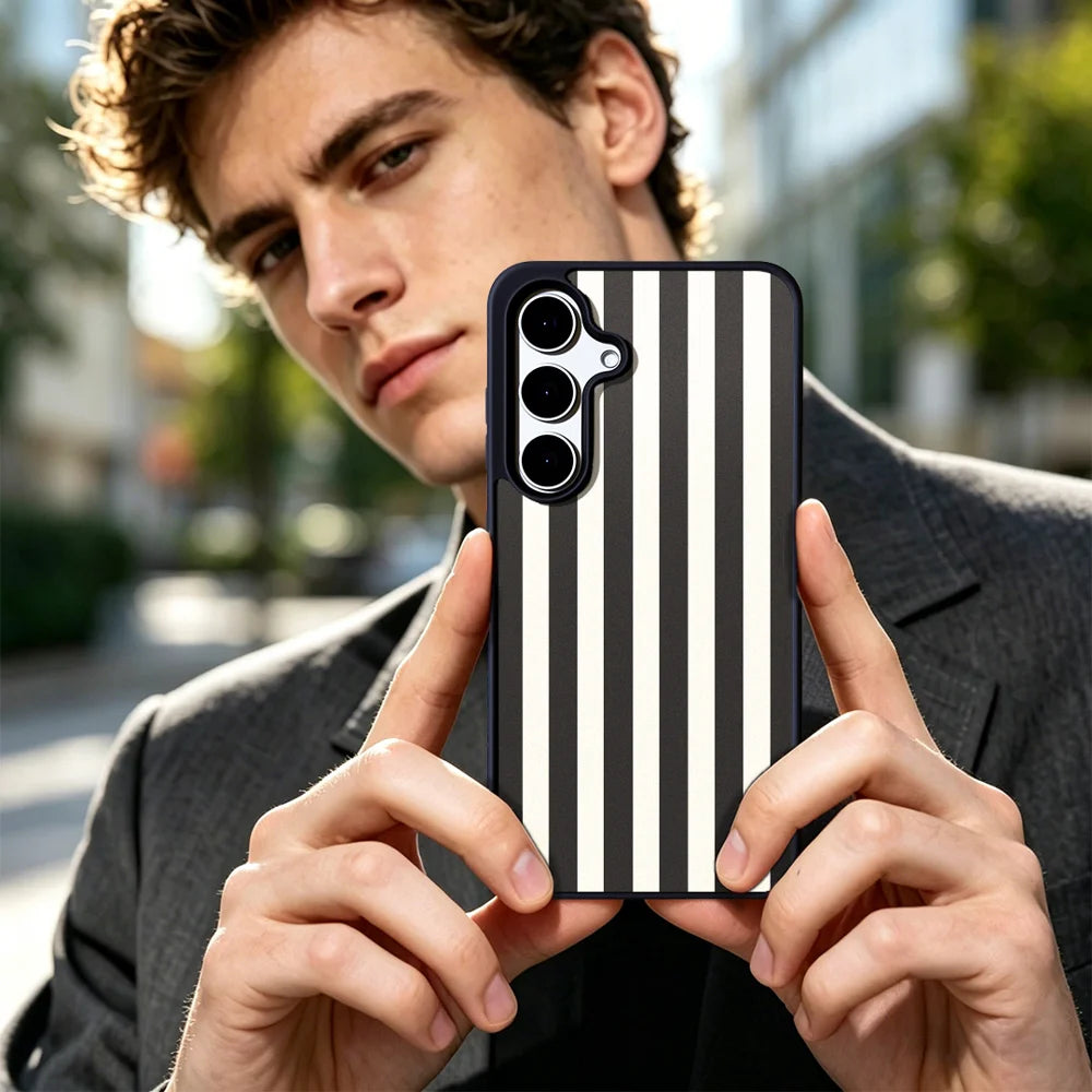 EYCASE for Samsung Galaxy S26+ Striped Series Magnetic Case TPU + Acrylic Phone Cover - Black / White Stripes - 7
