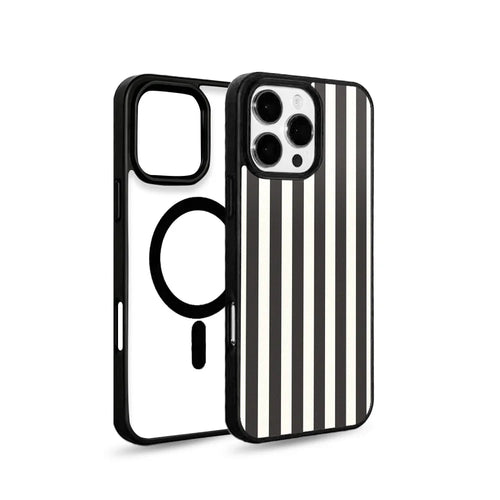 EYCASE for iPhone 16 Pro Max Striped Series Magnetic Case TPU + Acrylic Phone Cover - Black / White Stripes - 1