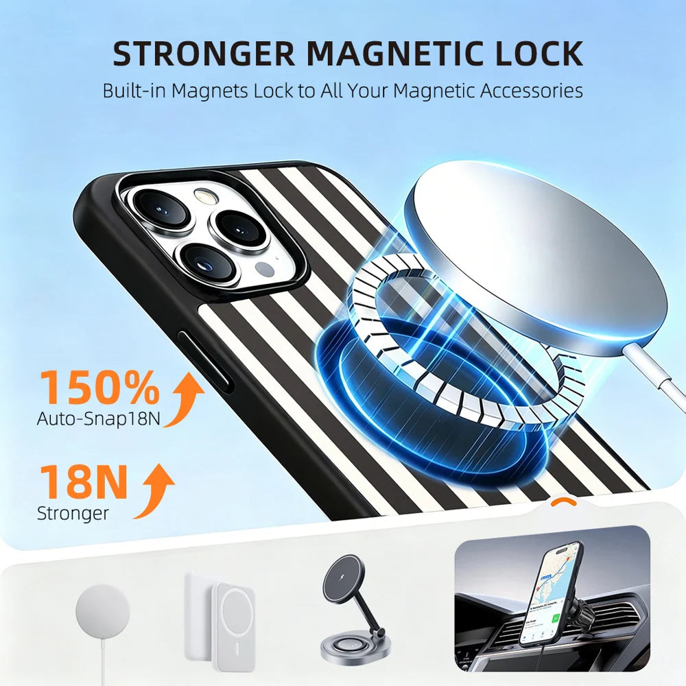 EYCASE for iPhone 16 Pro Max Striped Series Magnetic Case TPU + Acrylic Phone Cover - Black / White Stripes - 5