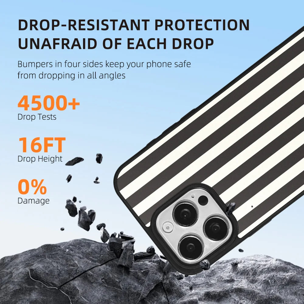 EYCASE for iPhone 16 Pro Max Striped Series Magnetic Case TPU + Acrylic Phone Cover - Black / White Stripes - 6