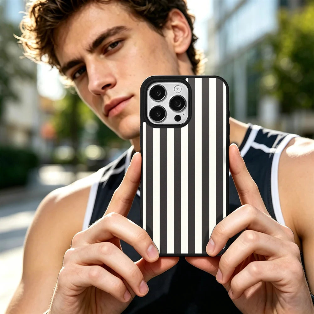 EYCASE for iPhone 16 Pro Max Striped Series Magnetic Case TPU + Acrylic Phone Cover - Black / White Stripes - 7