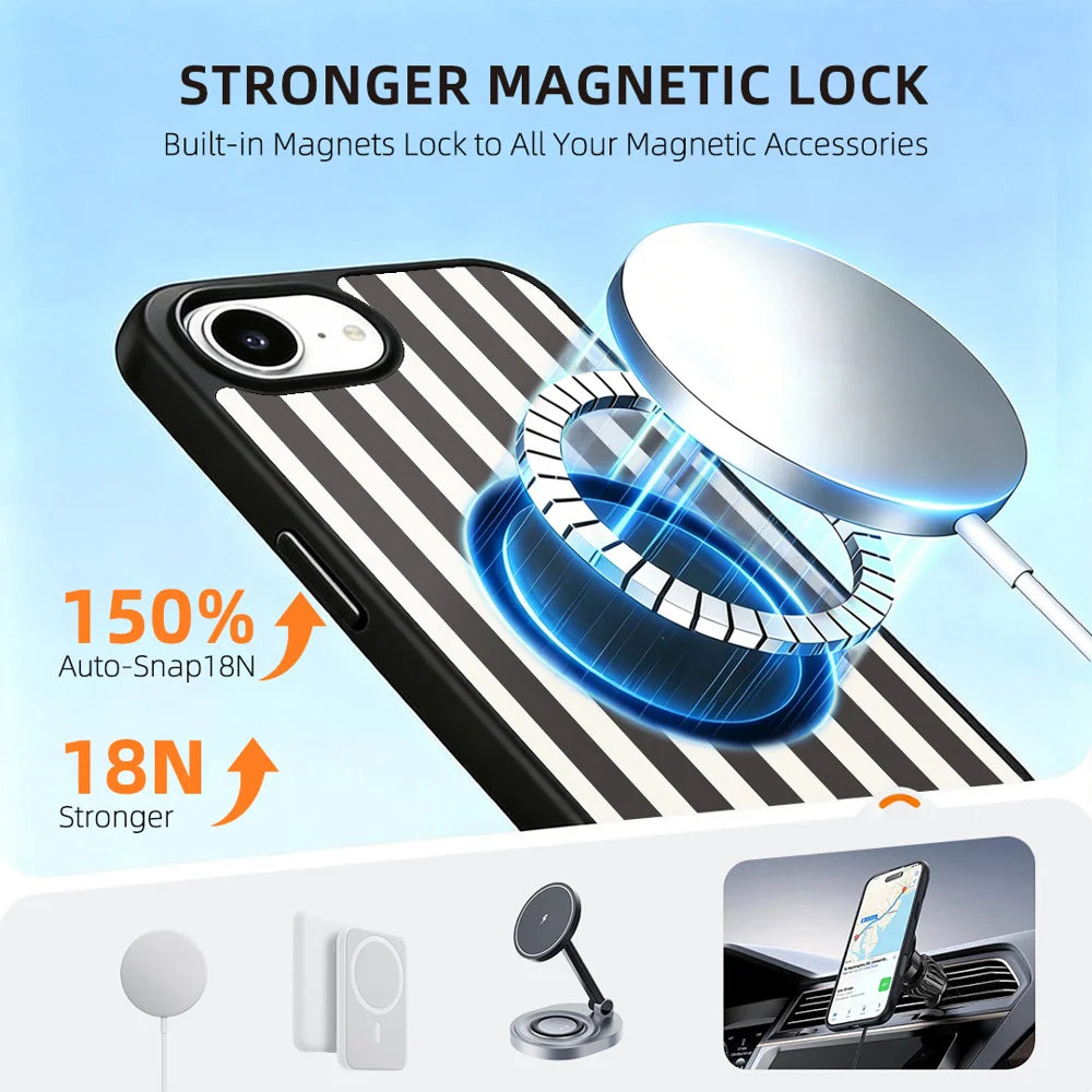 EYCASE for iPhone 16e / iPhone 17e Striped Series Magnetic Case TPU + Acrylic Phone Cover - Black / White Stripes - 5