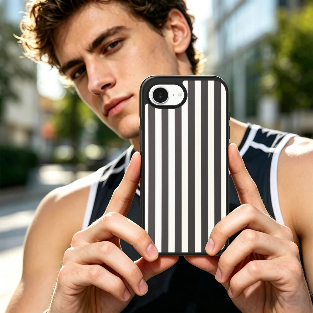 EYCASE for iPhone 16e / iPhone 17e Striped Series Magnetic Case TPU + Acrylic Phone Cover - Black / White Stripes - 7