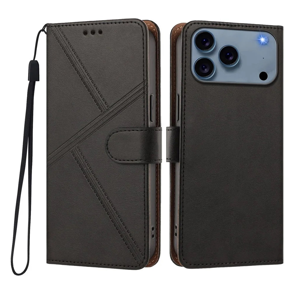 For iPhone 18 Pro Max / 17 Pro Max Case Diamond Stitch PU Leather Wallet Flip Phone Cover with Wrist Strap - Black - 1