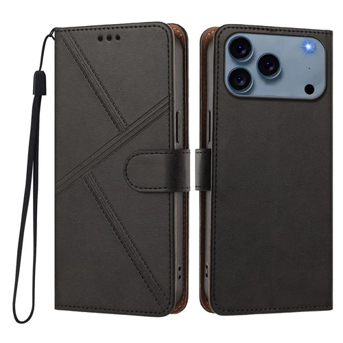 For iPhone 18 Pro Max / 17 Pro Max Case Diamond Stitch PU Leather Wallet Flip Phone Cover with Wrist Strap - Black - 1