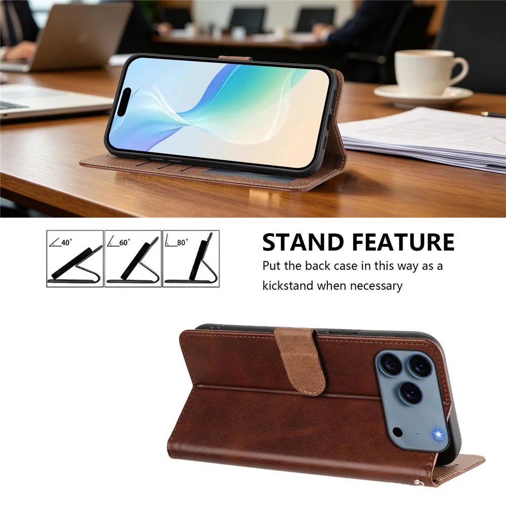For iPhone 18 Pro Max / 17 Pro Max Case Wallet Flip Stand PU Leather Phone Cover with Wrist Strap - Brown - 4