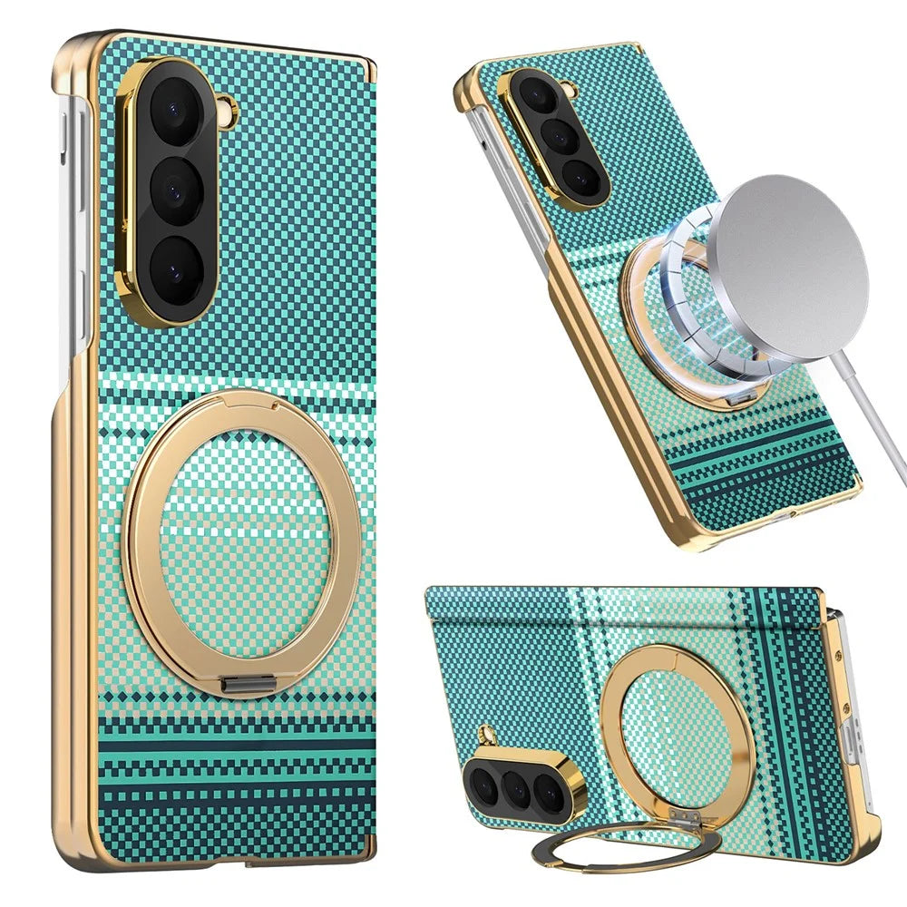 For Samsung Galaxy Z Fold6 5G Magnetic Case Ring Kicktand Hinge Design Electroplated Leather + PC Cover - Green - 1