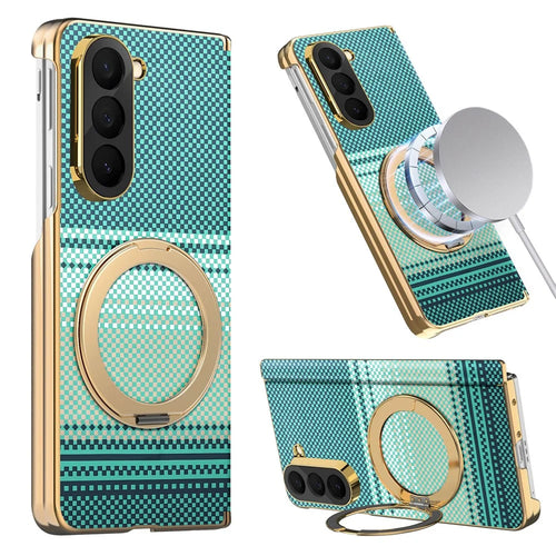 For Samsung Galaxy Z Fold6 5G Magnetic Case Ring Kicktand Hinge Design Electroplated Leather + PC Cover - Green - 1