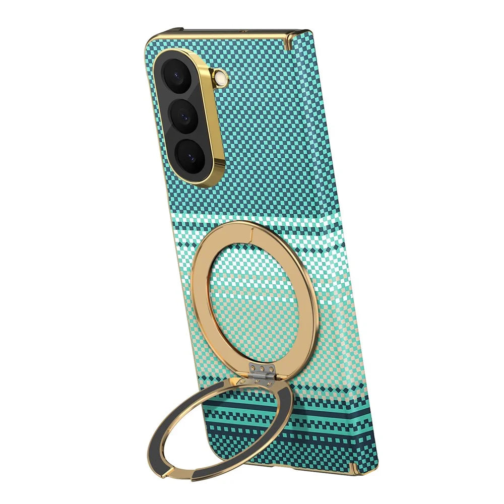 For Samsung Galaxy Z Fold6 5G Magnetic Case Ring Kicktand Hinge Design Electroplated Leather + PC Cover - Green - 2