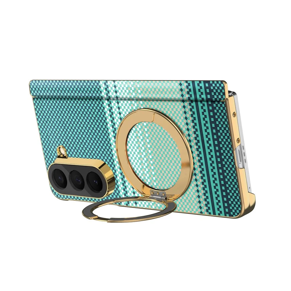 For Samsung Galaxy Z Fold6 5G Magnetic Case Ring Kicktand Hinge Design Electroplated Leather + PC Cover - Green - 3